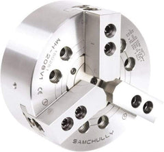 Samchully - 3 Jaw, 175mm Chuck Diam, Plain Back Mount, 52mm Through Hole Diam, Drawtube Hydraulic Power Lathe Chuck - 1.5mm x 60° Serrated Jaw Interface, 6,000 RPM, Steel Body - Makers Industrial Supply