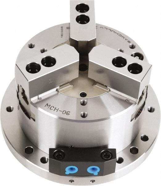 Samchully - 3 Jaw, 255mm Chuck Diam, Plain Back Mount, 0mm Through Hole Diam, Self-Contained Hydraulic Power Lathe Chuck - 1.5mm x 60° Serrated Jaw Interface, Steel Body - Makers Industrial Supply