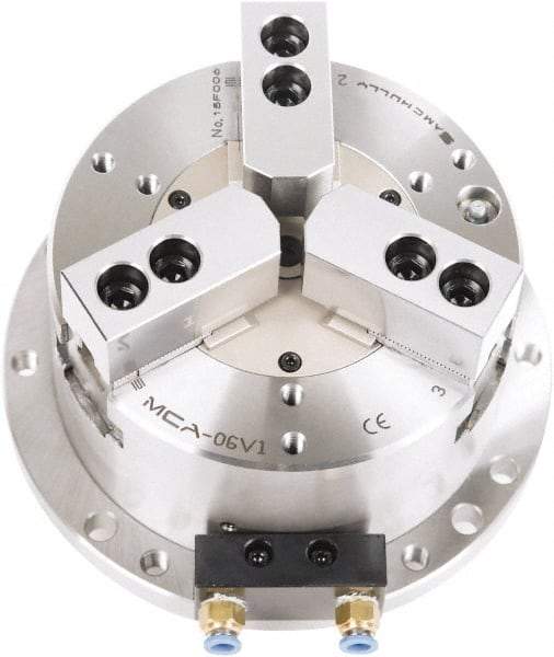 Samchully - 3 Jaw, 300mm Chuck Diam, Plain Back Mount, 0mm Through Hole Diam, Self-Contained Air Power Lathe Chuck - 1.5mm x 60° Serrated Jaw Interface, Steel Body - Makers Industrial Supply