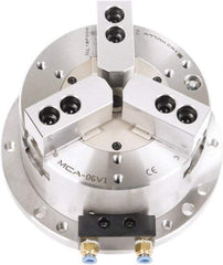 Samchully - 3 Jaw, 203mm Chuck Diam, Plain Back Mount, 0mm Through Hole Diam, Self-Contained Air Power Lathe Chuck - 1.5mm x 60° Serrated Jaw Interface, Steel Body - Makers Industrial Supply