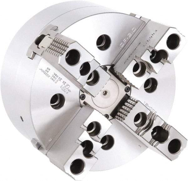 Samchully - 4 Jaw, 210mm Chuck Diam, Plain Back Mount, 0mm Through Hole Diam, Drawbar Hydraulic Power Lathe Chuck - 1.5mm x 60° Serrated Jaw Interface, 4,000 RPM, Steel Body - Makers Industrial Supply