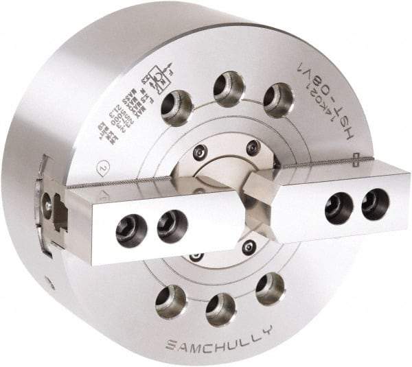 Samchully - 2 Jaw, 254mm Chuck Diam, Plain Back Mount, 77mm Through Hole Diam, Drawtube Hydraulic Power Lathe Chuck - 1.5mm x 60° Serrated Jaw Interface, 4,200 RPM, Steel Body - Makers Industrial Supply