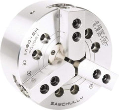 Samchully - 3 Jaw, 210mm Chuck Diam, Plain Back Mount, 52mm Through Hole Diam, Drawtube Hydraulic Power Lathe Chuck - 1.5mm x 60° Serrated Jaw Interface, 5,000 RPM, Steel Body - Makers Industrial Supply