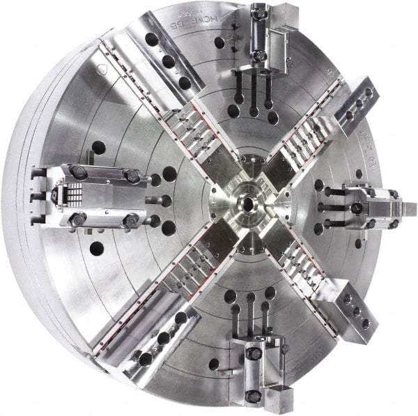 Samchully - 4 Jaw, 1400mm Chuck Diam, Plain Back Mount, 0mm Through Hole Diam, Drawbar Hydraulic Power Lathe Chuck - Tongue & Groove Jaw Interface, 400 RPM, Steel Body - Makers Industrial Supply