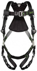 Miller - 400 Lb Capacity, Size Universal, Full Body Construction Safety Harness - Polyester (Outer) & Webbing, Tongue Leg Strap, Quick Connect Chest Strap, Green/Black - Makers Industrial Supply