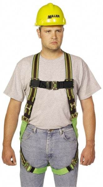 Miller - 400 Lb Capacity, Size Universal, Full Body Construction Safety Harness - Polyester Webbing, Quick Connect Leg Strap, Quick Connect Chest Strap, Green/Black - Makers Industrial Supply