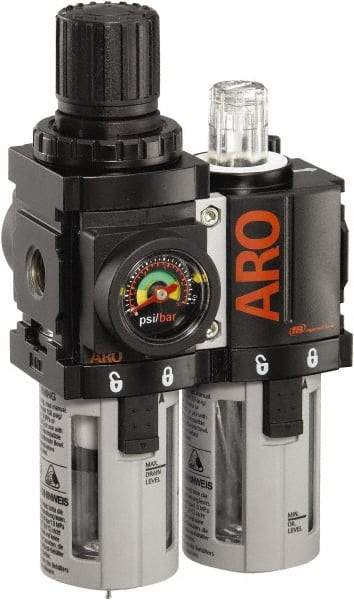 ARO/Ingersoll-Rand - 1/4" NPT Port Miniature 2 Piece Filter/Regulator-Lubricator FRL Unit - Polycarbonate Bowl, 44 SCFM, 150 Max psi, 5.2" High x 3.15" Long, Manual Drain - Makers Industrial Supply