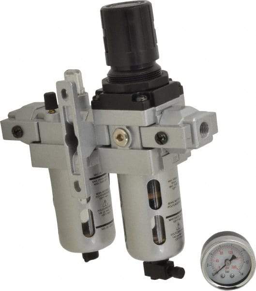 PRO-SOURCE - 1/4" NPT Port Intermediate 2 Piece Filter/Regulator-Lubricator FRL Unit - Polycarbonate Bowl, 53 SCFM, 145 Max psi, 8.66" High, Manual Drain - Makers Industrial Supply