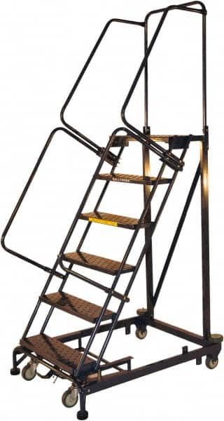 Ballymore - 93" 6 Step Ladder - Rolling Safety Ladder, 600 Lb Capacity, 60" Platform Height, 32" Base Width x 56" Base Depth, Serrated - Makers Industrial Supply