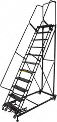 Ballymore - 143" 11 Step Ladder - Rolling Safety Ladder, 600 Lb Capacity, 110" Platform Height, 32" Base Width x 87" Base Depth, Expanded Metal Tread - Makers Industrial Supply