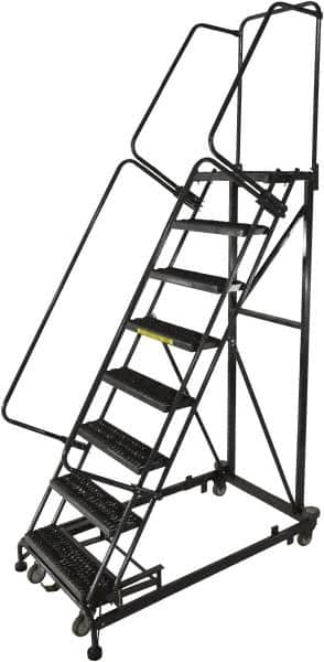 Ballymore - 113" 8 Step Ladder - Rolling Safety Ladder, 600 Lb Capacity, 80" Platform Height, 32" Base Width x 68" Base Depth, Serrated - Makers Industrial Supply