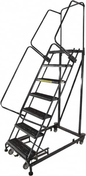 Ballymore - 103" 7 Step Ladder - Rolling Safety Ladder, 600 Lb Capacity, 70" Platform Height, 32" Base Width x 62" Base Depth, Expanded Metal Tread - Makers Industrial Supply