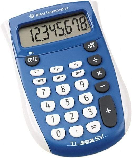 Texas Instruments - LCD Handheld Calculator - 2-5/8 x 4-3/8 Display Size, Blue & White, Battery Powered, 1" Long x 4-1/2" Wide - Makers Industrial Supply