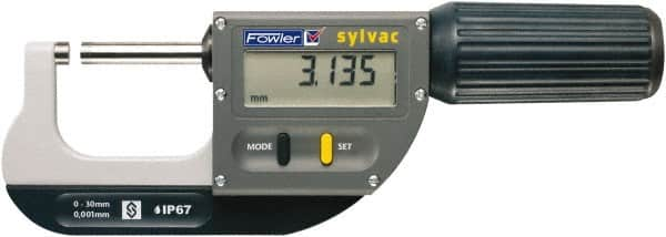 Fowler - 0 to 1.2" Range, 0.00005" Resolution, Standard Throat IP67 Electronic Outside Micrometer - 0.00012" Accuracy, Ratchet Stop Thimble, Carbide-Tipped Face, CR2032 Battery - Makers Industrial Supply