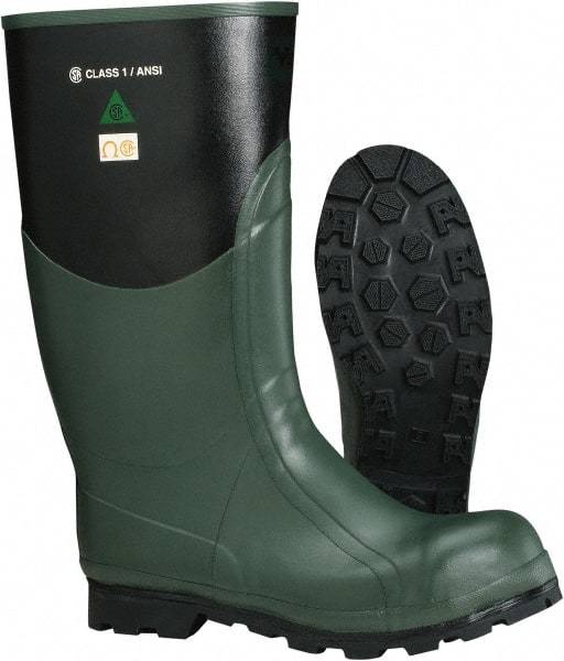 Viking - Men's Size 9 Medium Width Steel Knee Boot - Green, Black, Rubber Upper, Nitrile Rubber Outsole, 15" High, Non-Slip, Waterproof, Electric Shock Resistant - Makers Industrial Supply