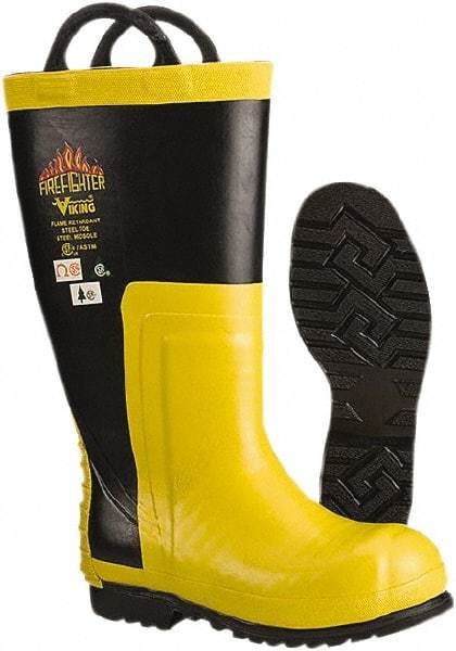 Viking - Men's Size 7 Medium Width Steel Work Boot - Black, Yellow, Rubber Upper, Nitrile Rubber Outsole, 14" High, Non-Slip, Chemical Resistant, Waterproof, Electric Shock Resistant - Makers Industrial Supply