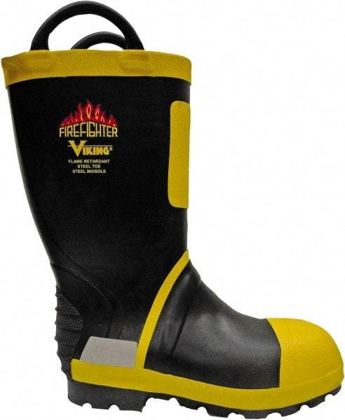 Viking - Men's Size 9 Medium Width Steel Work Boot - Black, Yellow, Rubber Upper, Nitrile Rubber Outsole, 14" High, Non-Slip, Waterproof - Makers Industrial Supply