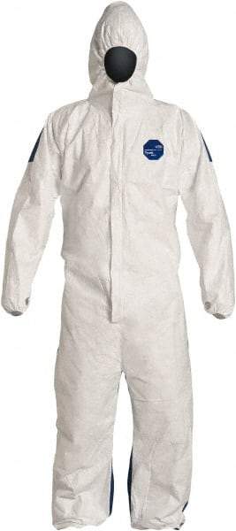 Dupont - Size XL Film Laminate General Purpose Coveralls - White/Blue, Zipper Closure, Elastic Cuffs, Elastic Ankles, Serged Seams, Hazard Level D & C - Makers Industrial Supply