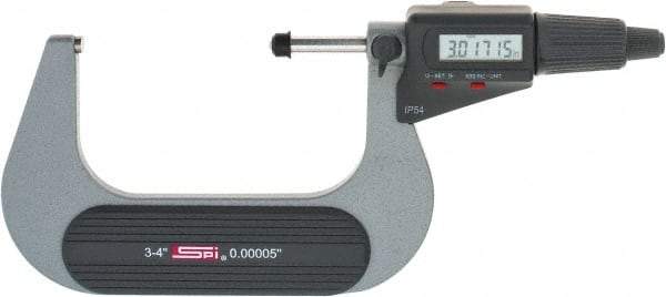 SPI - 3 to 4" Range, 0.00005" Resolution, Standard Throat IP54 Electronic Outside Micrometer - 0.0002" Accuracy, Friction Thimble, Carbide-Tipped Face, LR44 Battery, Includes NIST Traceable Certification of Inspection - Makers Industrial Supply