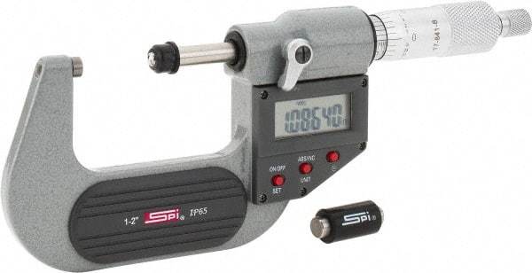 SPI - 1 to 2" Range, 0.00005" Resolution, Standard Throat IP65 Electronic Outside Micrometer - 0.0001" Accuracy, Ratchet Stop Thimble, Carbide-Tipped Face, LR44 Battery, Includes NIST Traceable Certification of Inspection - Makers Industrial Supply