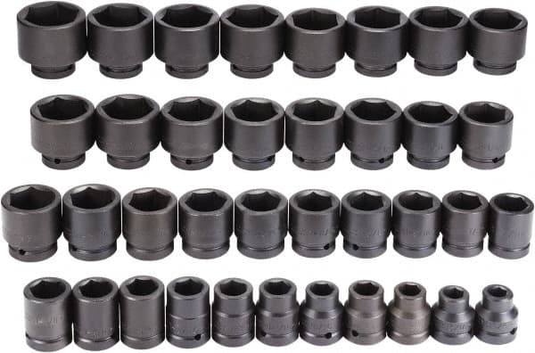 Proto - 37 Piece 1" Drive Black Finish Impact Socket Set - 6 Points, 3/4" to 3" Range, Inch Measurement Standard - Makers Industrial Supply