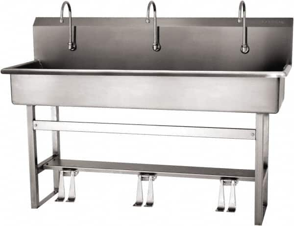 SANI-LAV - 57" Long x 16-1/2" Wide Inside, 1 Compartment, Grade 304 Stainless Steel (4) Person Wash-Station with Double Foot Valves - 16 Gauge, 60" Long x 20" Wide x 45" High Outside, 8" Deep - Makers Industrial Supply