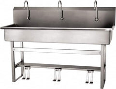 SANI-LAV - 57" Long x 16-1/2" Wide Inside, 1 Compartment, Grade 304 Stainless Steel (4) Person Wash-Station with Double Foot Valves - 16 Gauge, 60" Long x 20" Wide x 45" High Outside, 8" Deep - Makers Industrial Supply