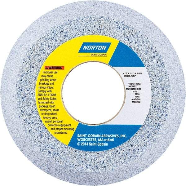 Norton - 4" Diam x 1-1/4" Hole x 1-1/2" Thick, I Hardness, 46 Grit Surface Grinding Wheel - Ceramic, Type 11, Coarse Grade, 5,730 Max RPM - Makers Industrial Supply