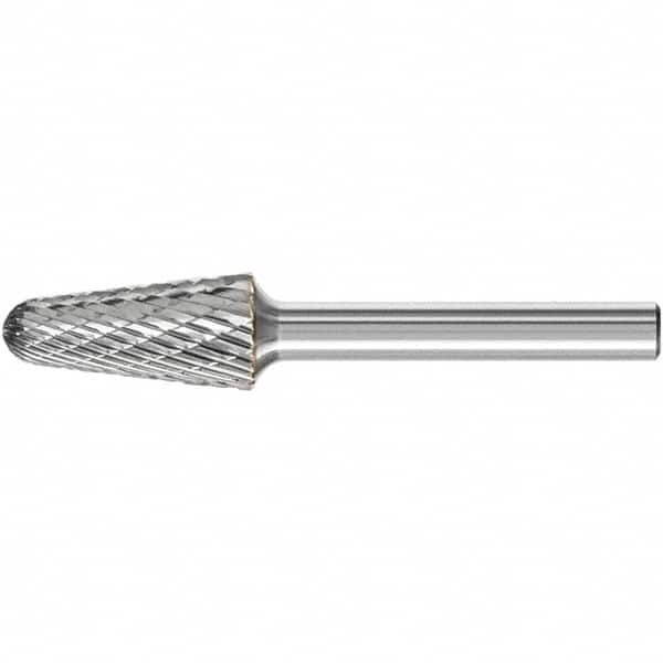 PFERD - 1/2" Cut Diam, 1/4" Shank Diam, Taper Head Double Cut Burr - Carbide, Radius End, 1-1/8" LOC, 3.16" OAL - Makers Industrial Supply