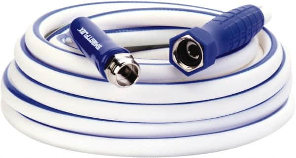 Legacy - 25' Long Marine/RV Hose - 5/8" Diam, 3/4" GHT, Hi-Tec Polymer, 150 psi, All Season, White with Blue Stripe - Makers Industrial Supply