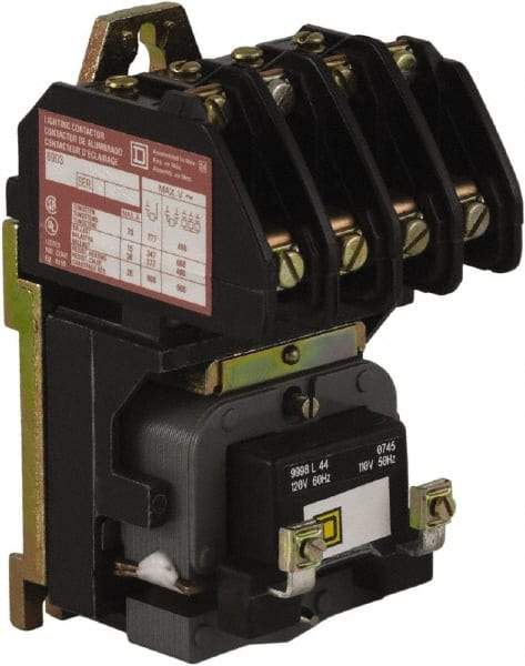 Square D - No Enclosure, 4 Pole, Electrically Held Lighting Contactor - 20 A (Tungsten), 30 A (Fluorescent), 208 VAC at 60 Hz, 4NO Contact Configuration - Makers Industrial Supply