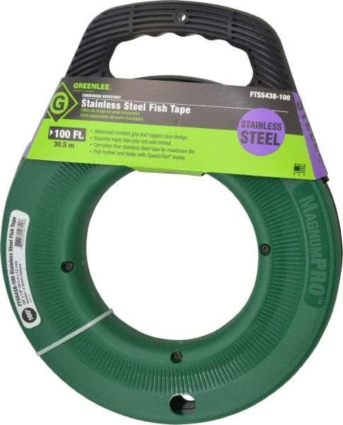 Greenlee - 100 Ft. Long x 1/8 Inch Wide, 0.045 Inch Thick, Stainless Steel Fish Tape - 400 Lb. Pulling Strength, Includes Case - Makers Industrial Supply