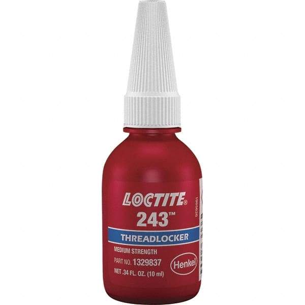 Loctite - 10 mL Bottle, Blue, Medium Strength Liquid Threadlocker - Series 243, 24 hr Full Cure Time, Hand Tool, Heat Removal - Makers Industrial Supply