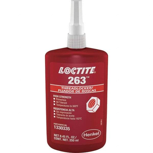 Loctite - 250 mL Bottle, Red, High Strength Liquid Threadlocker - Series 263, 24 hr Full Cure Time, Hand Tool, Heat Removal - Makers Industrial Supply