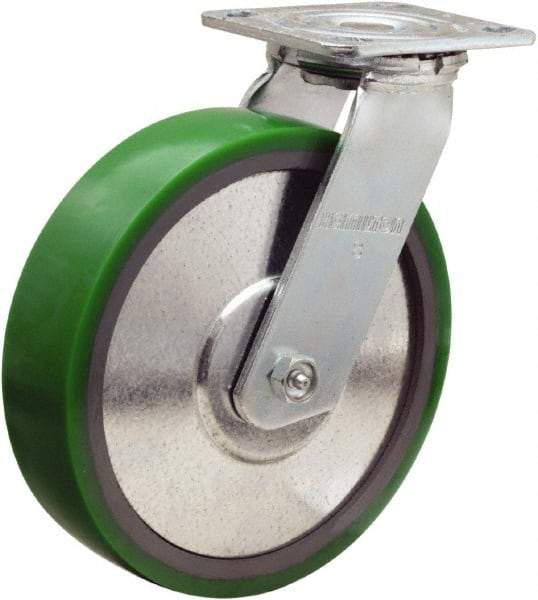 Hamilton - 8" Diam x 2" Wide x 9-1/2" OAH Top Plate Mount Swivel Caster - Polyurethane Mold onto Cast Iron Center, 900 Lb Capacity, Sealed Precision Ball Bearing, 4 x 4-1/2" Plate - Makers Industrial Supply