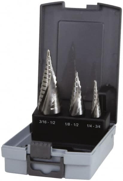 Drill Bit Set: Step Drill Bits, 3 Pc, 118 °, Cobalt Bright/Uncoated, Split-Point