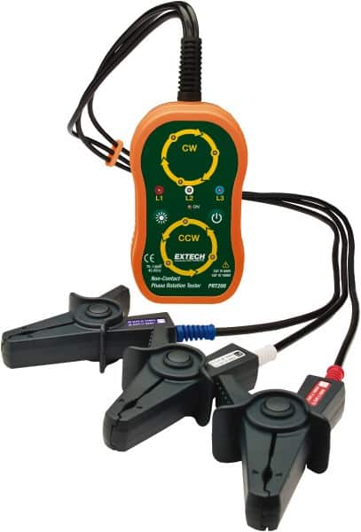 Extech - 3 Phase, 75 to 1,000 VAC, 45 to 65 Hz, 14 to 122°F, LED Display Phase Rotation Tester - AA, Includes (4) AA Batteries, Pouch Case, Test Leads with Large Color-Coded Alligator Clips, CAT III 600 V, CE, EN 61010-1 - Makers Industrial Supply