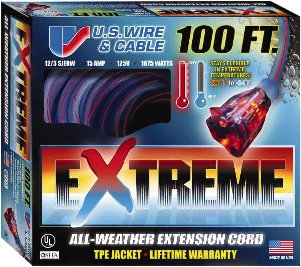 Value Collection - 100', 12/3 Gauge/Conductors, Blue/Pink Indoor & Outdoor Extension Cord - 1 Receptacle, 15 Amps, 125 Volts, UL SJEOW, NEMA 5-15P - Makers Industrial Supply