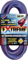 Value Collection - 50', 14/3 Gauge/Conductors, Blue/Pink Indoor & Outdoor Extension Cord - 1 Receptacle, 15 Amps, 125 Volts, UL SJEOW, NEMA 5-15P - Makers Industrial Supply