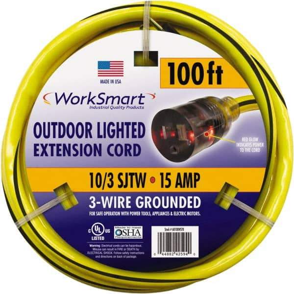 Value Collection - 100', 10/3 Gauge/Conductors, Yellow/Black Outdoor Extension Cord - 1 Receptacle, 15 Amps, UL SJTW, NEMA 5-15P - Makers Industrial Supply