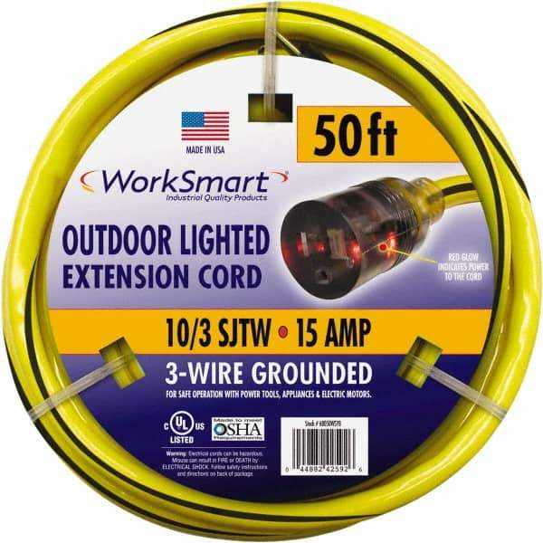 Value Collection - 50', 10/3 Gauge/Conductors, Yellow/Black Outdoor Extension Cord - 1 Receptacle, 15 Amps, UL SJTW, NEMA 5-15P - Makers Industrial Supply