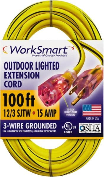 Value Collection - 100', 12/3 Gauge/Conductors, Yellow/Black Outdoor Extension Cord - 1 Receptacle, 15 Amps, UL SJTW, NEMA 5-15P - Makers Industrial Supply