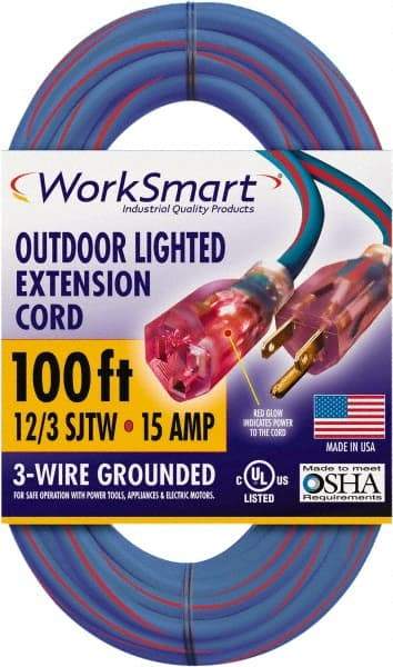 Value Collection - 100', 12/3 Gauge/Conductors, Blue/Red Outdoor Extension Cord - 1 Receptacle, 15 Amps, UL SJTW, NEMA 5-15P - Makers Industrial Supply