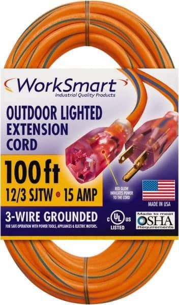 Value Collection - 100', 12/3 Gauge/Conductors, Orange/Blue Outdoor Extension Cord - 1 Receptacle, 15 Amps, UL SJTW, NEMA 5-15P - Makers Industrial Supply