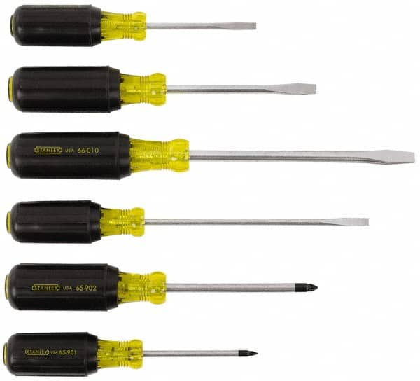 Stanley - 6 Piece Cabinet, Phillips & Slotted Screwdriver Set - Blade Sizes: Length 3, 4 & 6, Width 1/4, 5/16 & 3/16, Bit Sizes: Philips #1 to #2 - Makers Industrial Supply