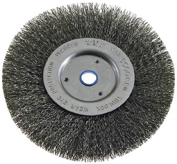 Weiler - 6" OD, 2" Arbor Hole, Crimped Steel Wheel Brush - 1" Face Width, 1-1/8" Trim Length, 0.008" Filament Diam, 6,000 RPM - Makers Industrial Supply