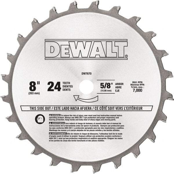 DeWALT - 8" Diam, 5/8" Arbor Hole Diam, 24 Tooth Wet & Dry Cut Saw Blade - Tungsten Carbide-Tipped, Standard Round Arbor - Makers Industrial Supply