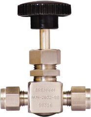 Brennan - 1/4" Pipe, Straight Needle Valve - PTFE Seal, Tube Ends, Stainless Steel Valve, 6,000 Max psi - Makers Industrial Supply