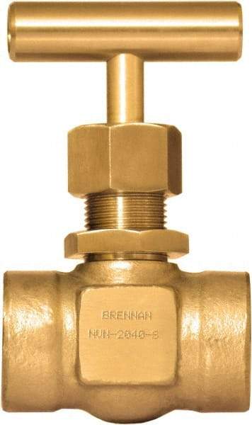 Brennan - 1/2" Pipe, Straight Needle Valve - PTFE Seal, NPT Ends, Brass Valve, 3,000 Max psi - Makers Industrial Supply