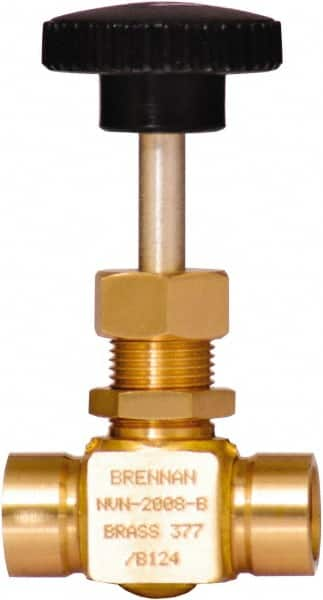 Brennan - 1/4" Pipe, Straight Needle Valve - PTFE Seal, NPT Ends, Brass Valve, 3,000 Max psi - Makers Industrial Supply